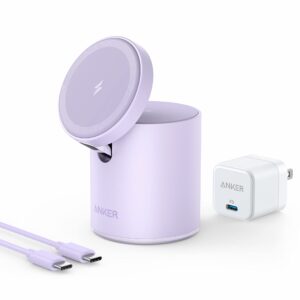 Anker Magnetic 623 MagGo 2-in-1 Wireless Charging Station with 20W USB-C Charger, for iPhone 14/14 Pro/14 Pro Max/13/13 Pro Max, AirPods Pro (Lilac Purple)