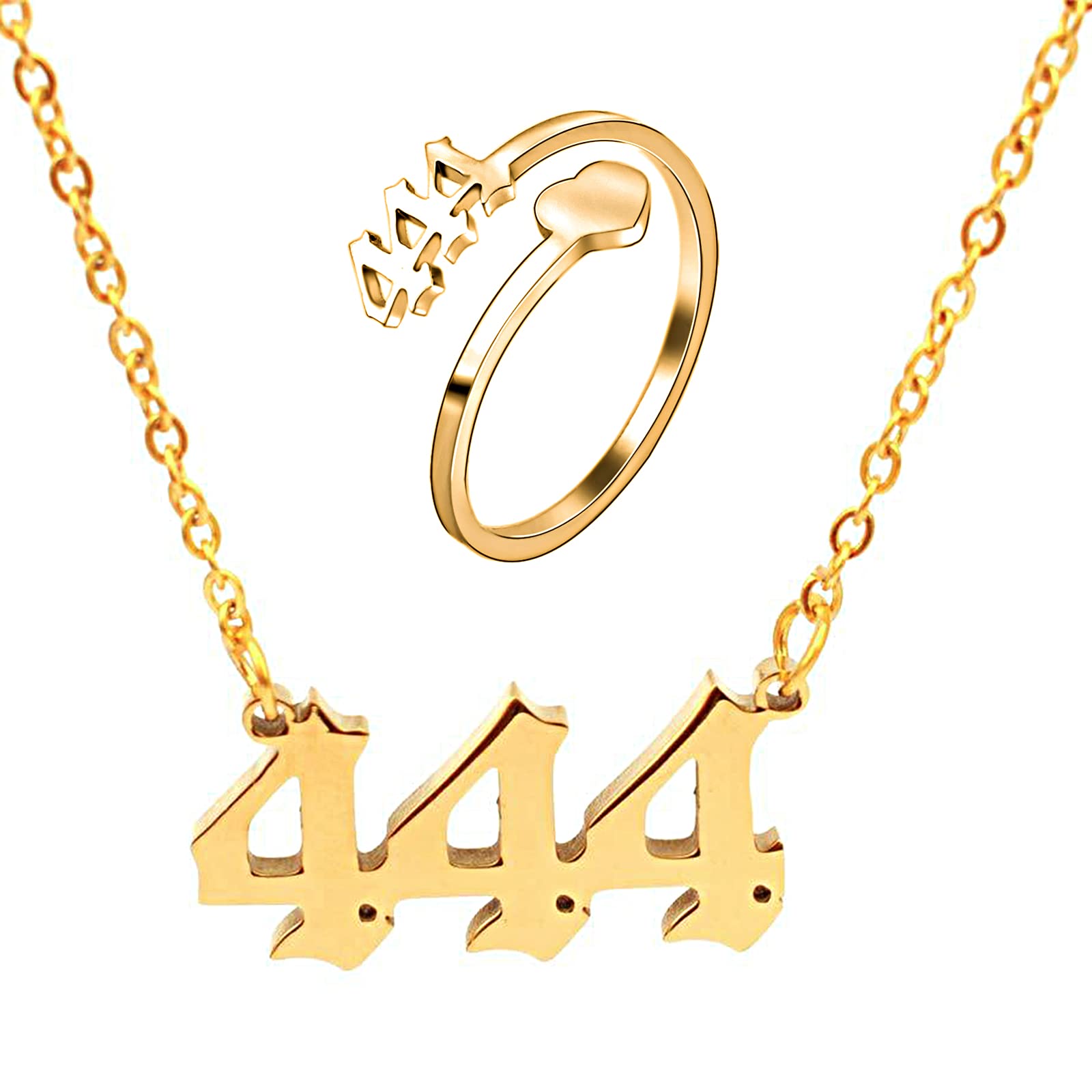 SMUK Angel Number Necklace, Dainty 18K Gold Plated Number 444 Necklace Gold Pendants Choker Necklace Numerology Jewelry with Angel Number Ring for Women Gifts (444-Gold)