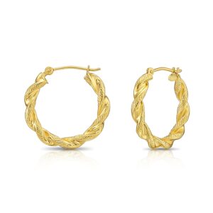 14k Yellow Gold Twisted Hoop Earrings with Engraved Ridges (20mm -0.8'')…