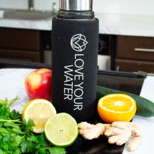 Love Yourself Wellness 40oz.Glass Water Bottle with Sleeve Motivation and Teaching times when to Drink Wide Mouth Stainless Steel Filter Attached lid Hydrating Sport Water Bottle Protective Sleeve