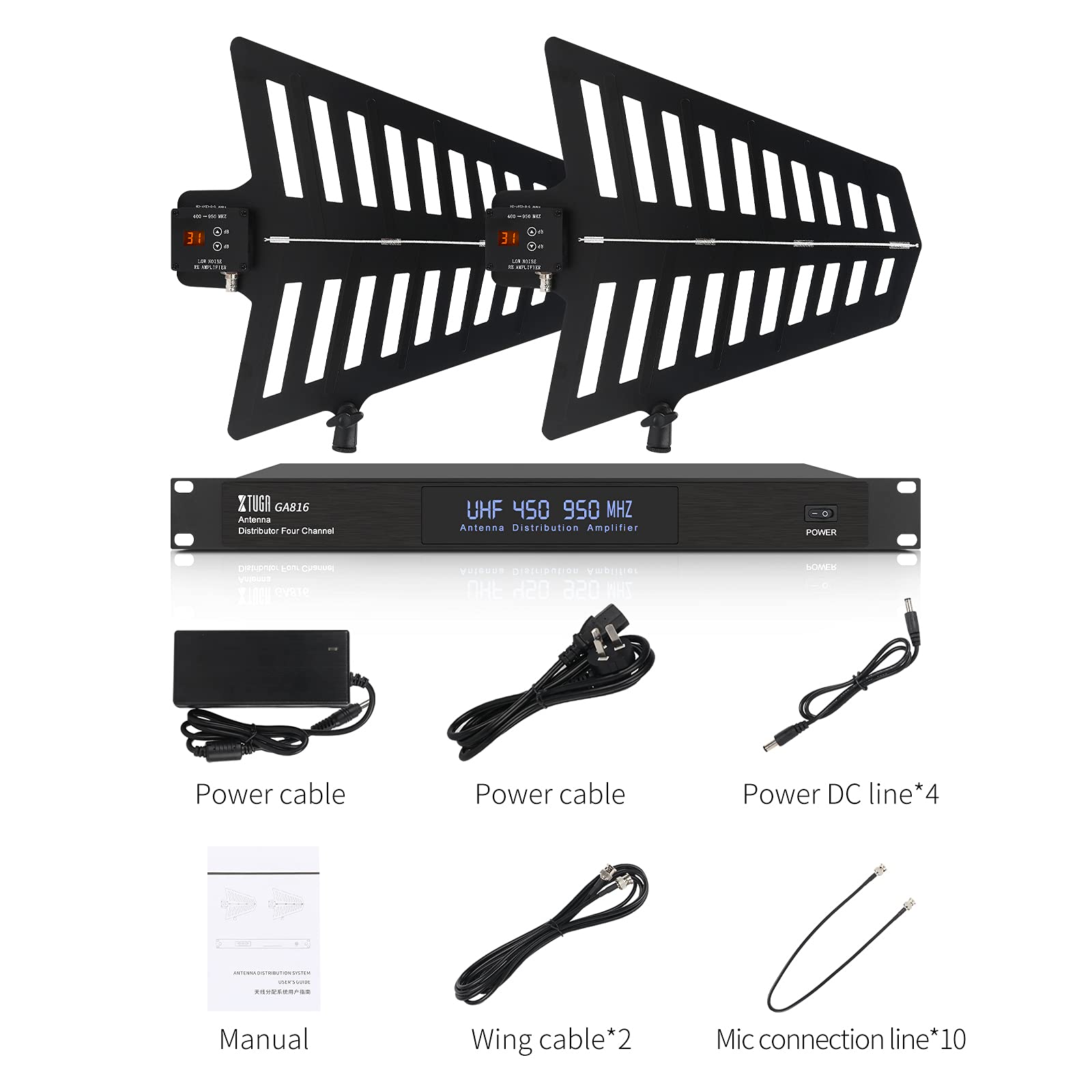 XTUGA GA816 UHF Wireless Antenna Distribution System Bundle 360°Active Omnidirectional Super Signal,Long Range 2600ft,for Stage Performance,Wedding, Outdoor Broadcasting with Antenna Paddle