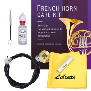 libretto french horn all-inclusive cleaning & care kit with instructions: valve oil + slide grease + cleaning cloth + mouthpiece & bore brushes, giftable handy case. clean & extend life of your horn