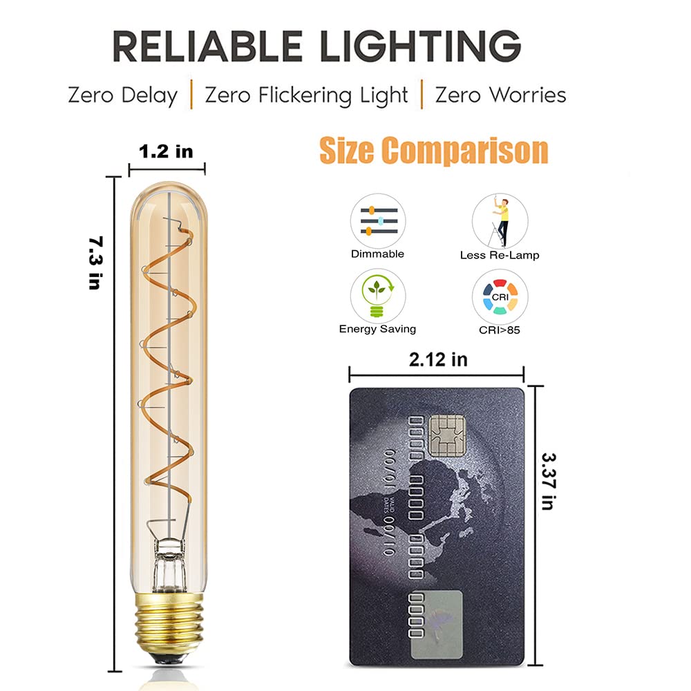 Dimmable T10 LED Bulbs, Warm White 2200K Amber, 7.3inch Long Tubular Light Bulb, 40 Watt Vintage Edison LED Filament Bulb,400lm,E26 Base Led Tube Bulb,Amber Glass,Pack of 4