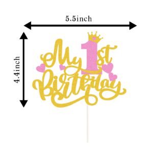 Pink Gold Glitter My 1st Birthday Cake Topper,Happy 1st Birthday Party Decorations Supplies for Girl,One Year Old Cake Decor,Baby Shower Party Decorations