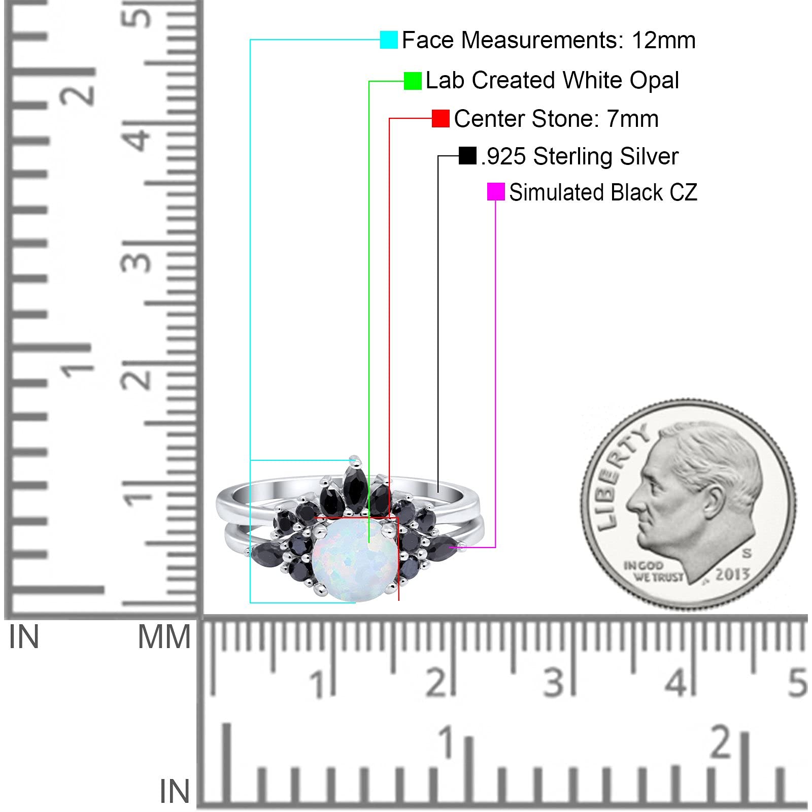 Lab Created White Opal Size-7 Two Piece Bridal Set Art Deco Wedding Engagement Vintage Black Marquise Round CZ 925 Sterling Silver