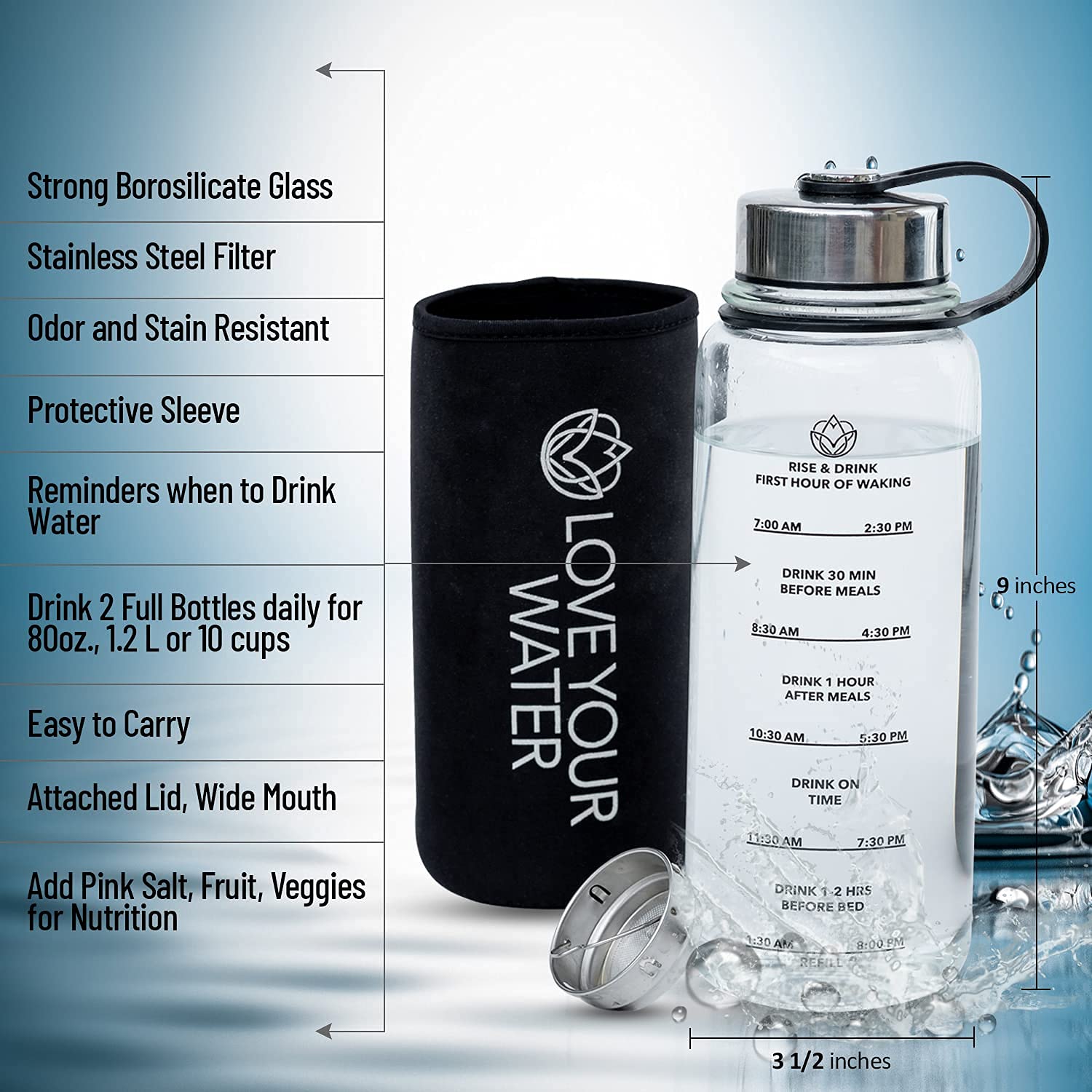 Love Yourself Wellness 40oz.Glass Water Bottle with Sleeve Motivation and Teaching times when to Drink Wide Mouth Stainless Steel Filter Attached lid Hydrating Sport Water Bottle Protective Sleeve