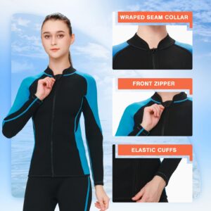 FLEXEL Women's Wetsuit Jacket,2mm Neoprene Wetsuit Tops with Long Sleeves for Women Cold Water Girls Front Zip Diving Tops (2mm Black Blue, 2X-Large)