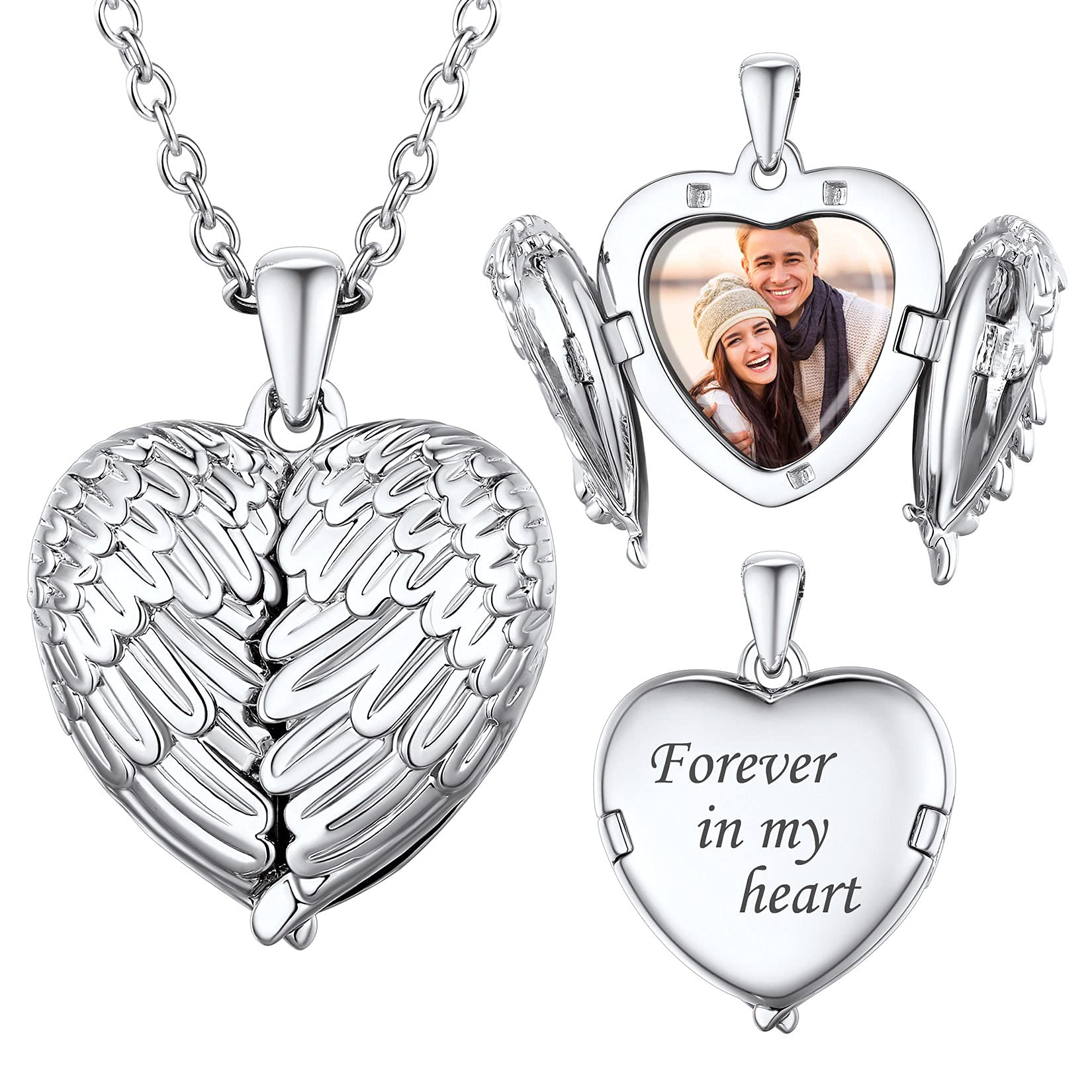 SILVERCUTE Heart Locket Necklace that Holds Pictures Customized Platinum Plated Guardian Angel Wings Photo Lockets Pendant for Women Men