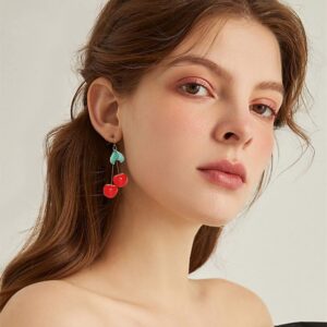 T-ztoss 18K Gold Plated Vintage 3D Red Big Cherry Charm& Green Crystal Leaf Fruit Tassel Women Hook Dangle Drop Earrings for Women(cherry earrings)