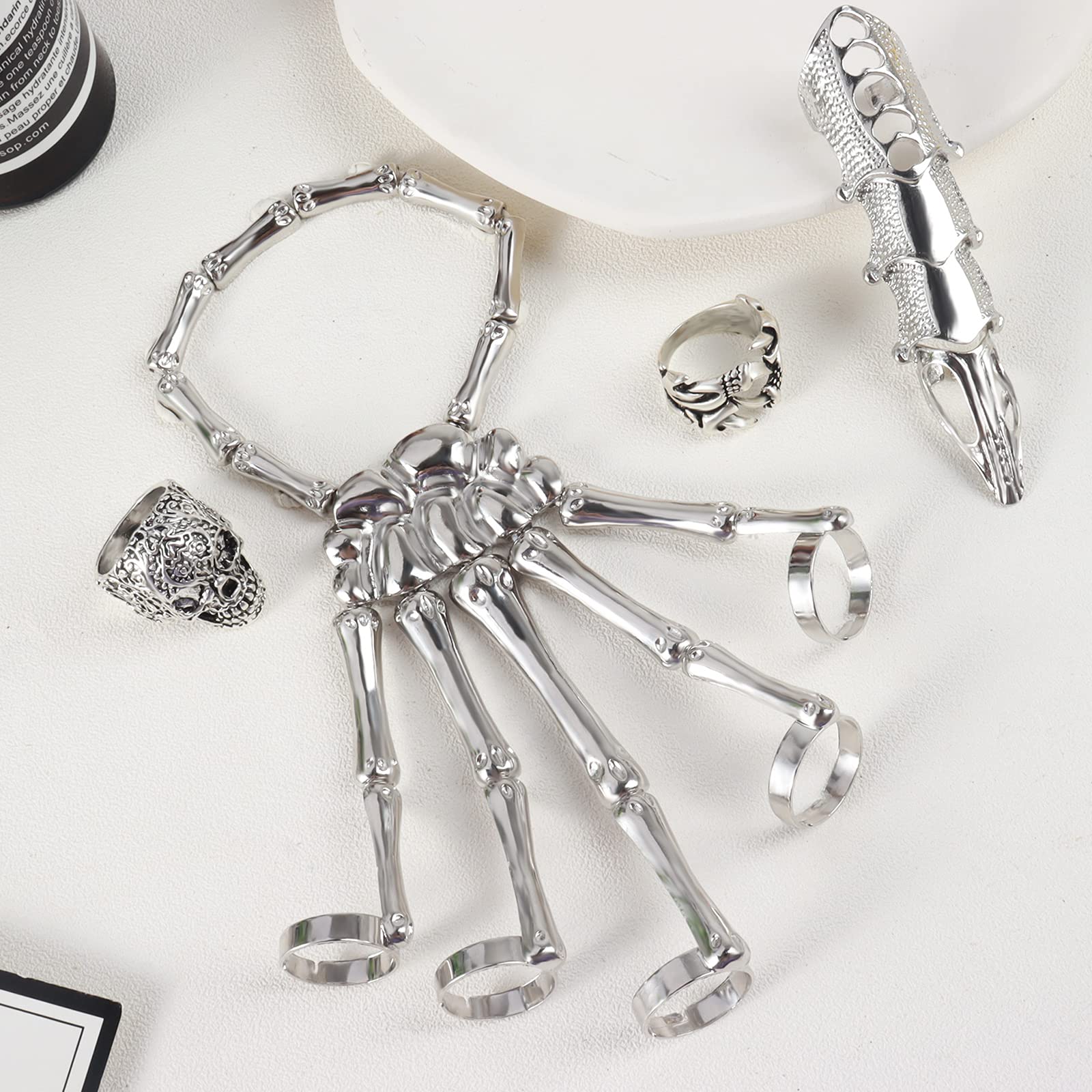 Long tiantian Skeleton Hand Bracelet Metal Skull Bracelet with Ring Hand Chain Halloween Costume Outfits Accessories for Women 2024