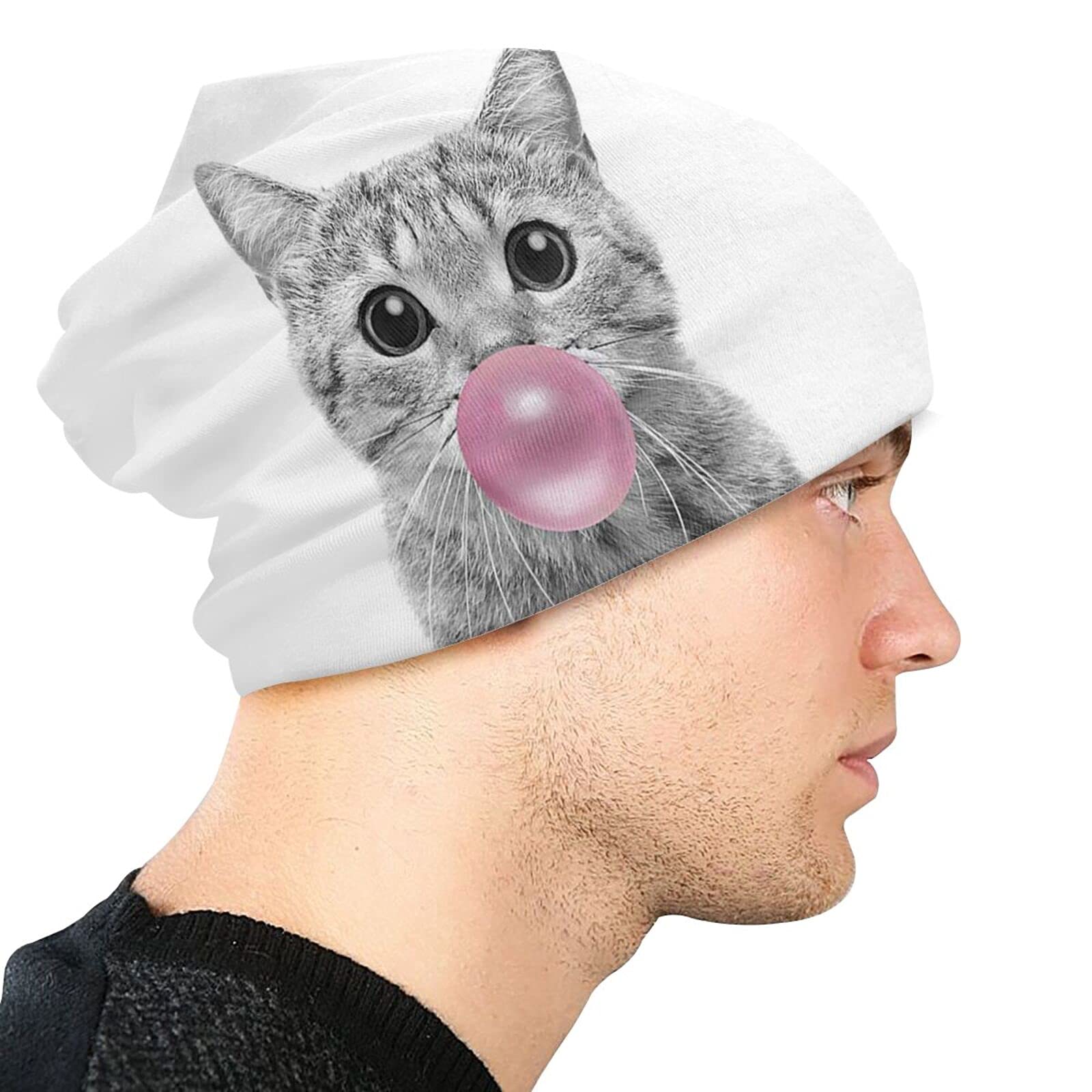 Animal Cute Cat Pink Bubble Gum Art Baggy Slouchy Beanie Chemo Hat Cancer Headwear Knitted Hats Scarf Nightcap for Women Men