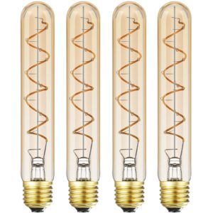 dimmable t10 led bulbs, warm white 2200k amber, 7.3inch long tubular light bulb, 40 watt vintage edison led filament bulb,400lm,e26 base led tube bulb,amber glass,pack of 4