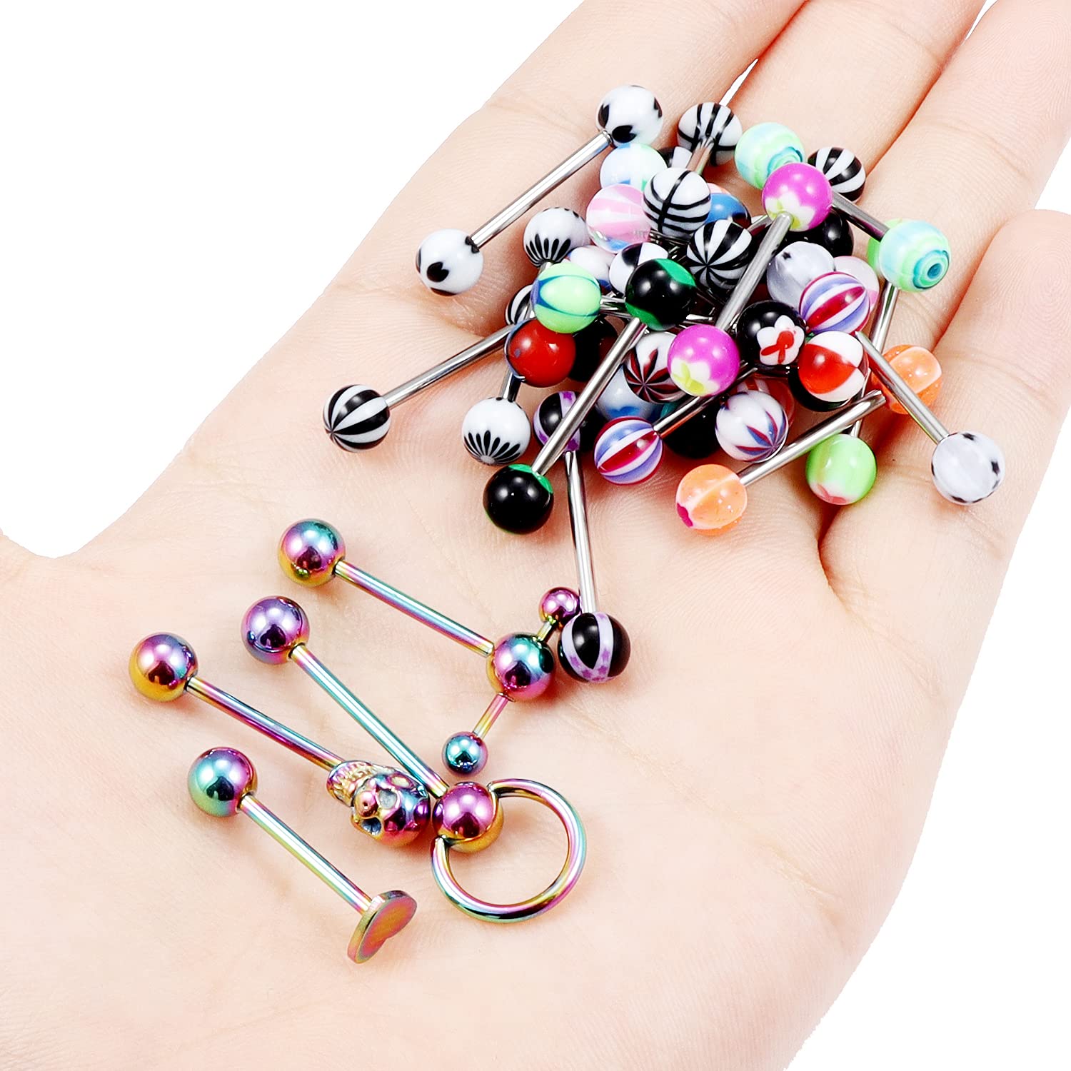 Leiainely Tongue Rings Piercing Jewelry for Women Men Work 14g 14 Gauge Cute Green Rainbow Surgical Stainless Steel Metal Clear Plastic Acrylic Silicone Para La Lengua Aretes Tounge Barbell Balls Set