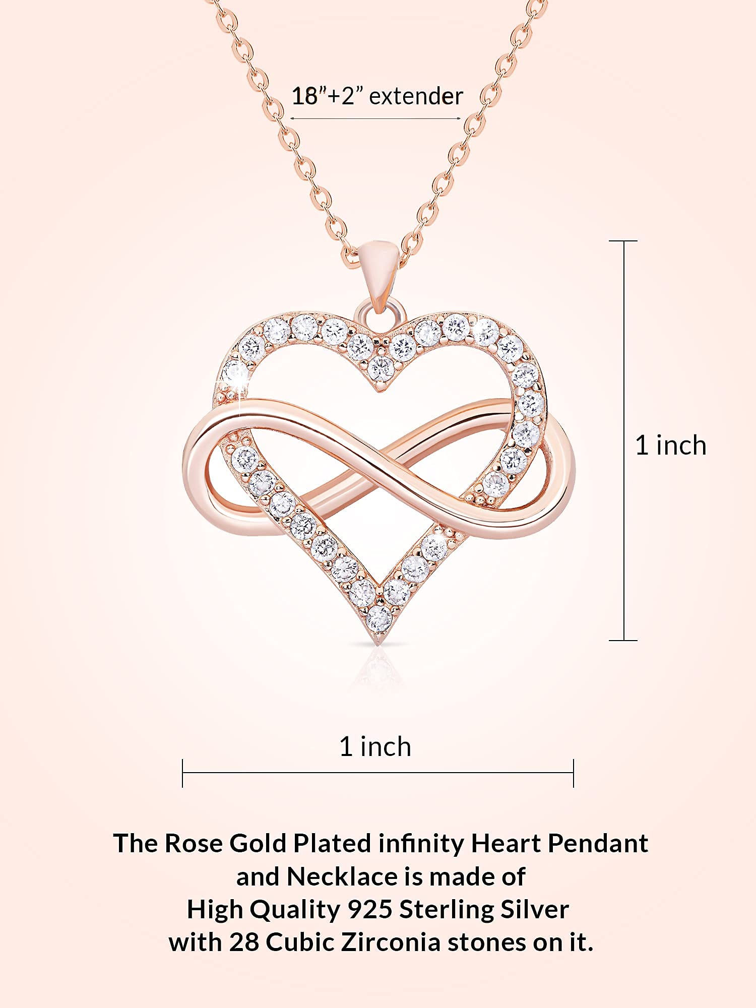 Sash & Soph Infinity Heart Necklace for Women. Rose Gold Plated 925 Sterling Silver Heart Necklace for Girlfriend, Love Heart Pendant on 18" Chain with 2" Extender