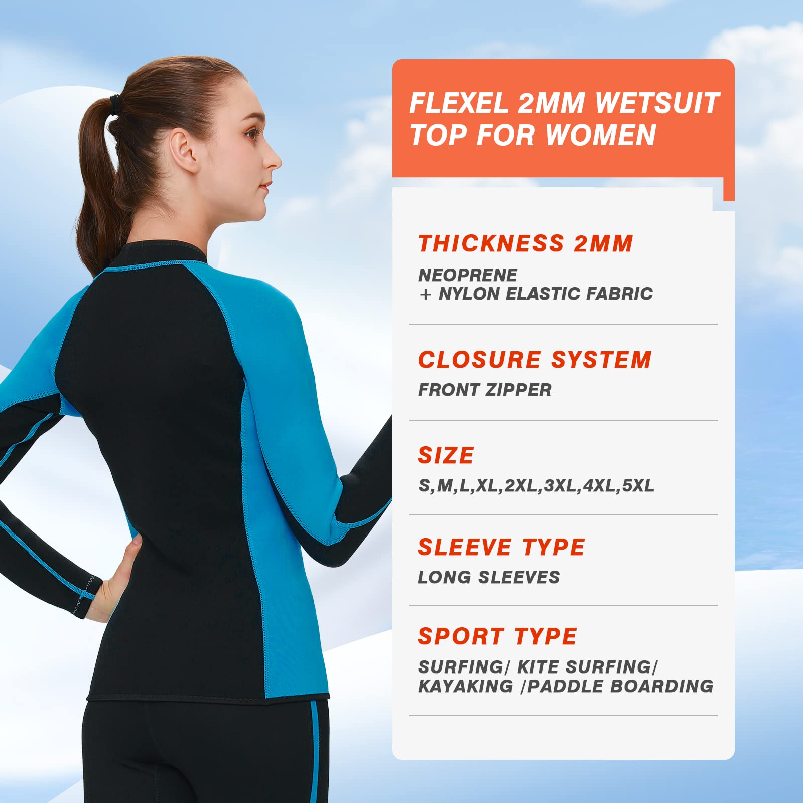 FLEXEL Women's Wetsuit Jacket,2mm Neoprene Wetsuit Tops with Long Sleeves for Women Cold Water Girls Front Zip Diving Tops (2mm Black Blue, 2X-Large)