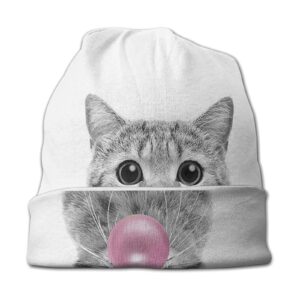 Animal Cute Cat Pink Bubble Gum Art Baggy Slouchy Beanie Chemo Hat Cancer Headwear Knitted Hats Scarf Nightcap for Women Men