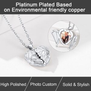 SILVERCUTE Heart Locket Necklace that Holds Pictures Customized Platinum Plated Guardian Angel Wings Photo Lockets Pendant for Women Men