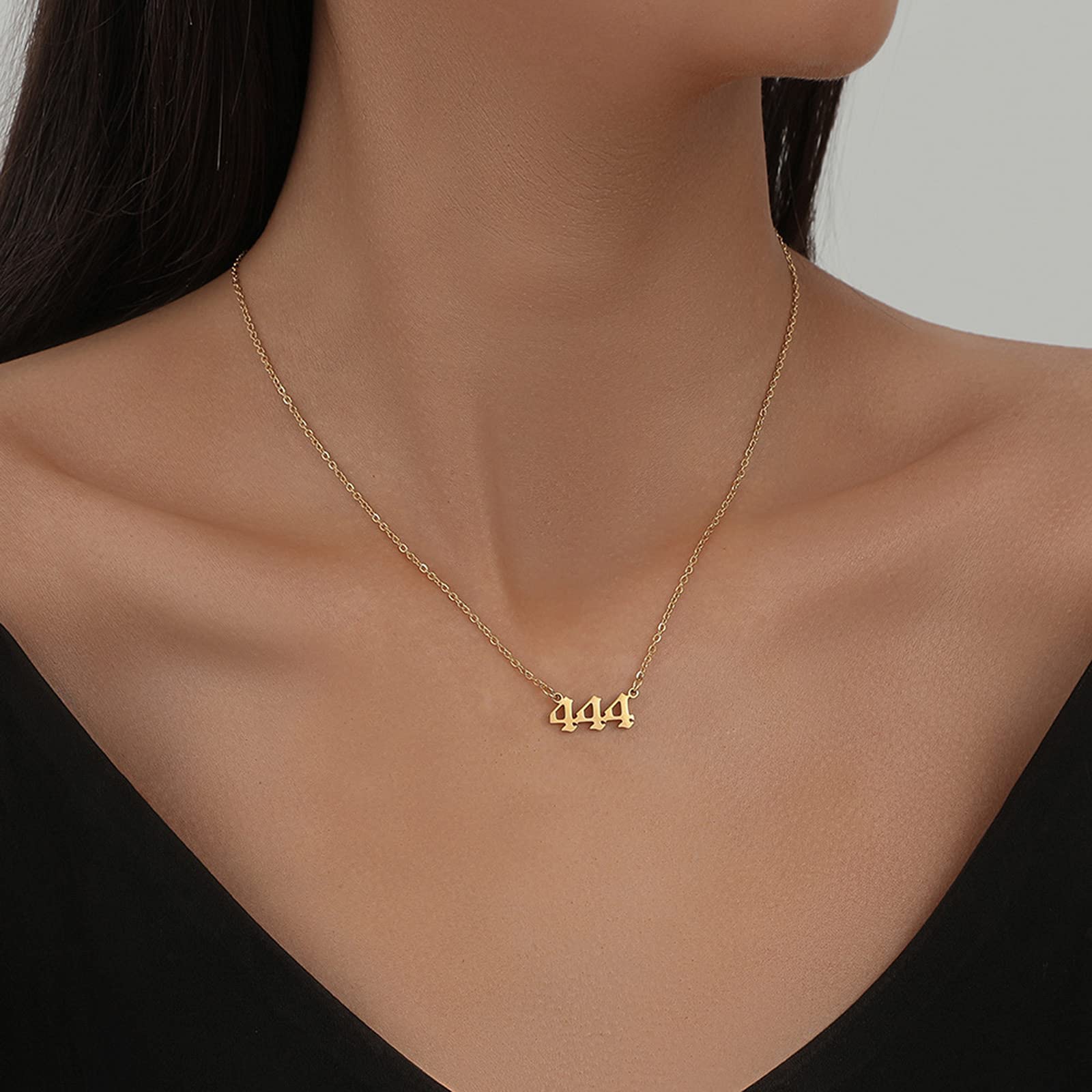 SMUK Angel Number Necklace, Dainty 18K Gold Plated Number 444 Necklace Gold Pendants Choker Necklace Numerology Jewelry with Angel Number Ring for Women Gifts (444-Gold)