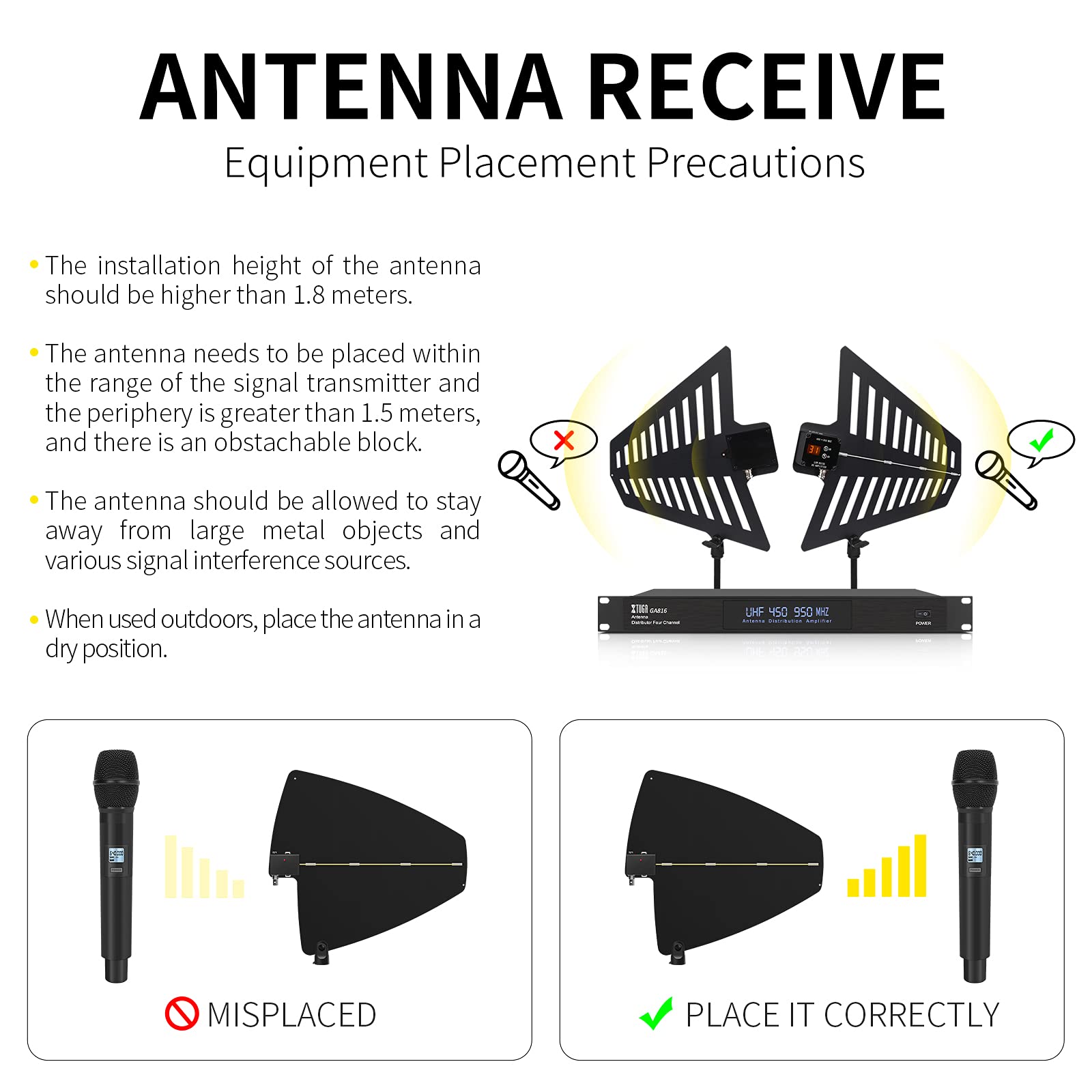 XTUGA GA816 UHF Wireless Antenna Distribution System Bundle 360°Active Omnidirectional Super Signal,Long Range 2600ft,for Stage Performance,Wedding, Outdoor Broadcasting with Antenna Paddle