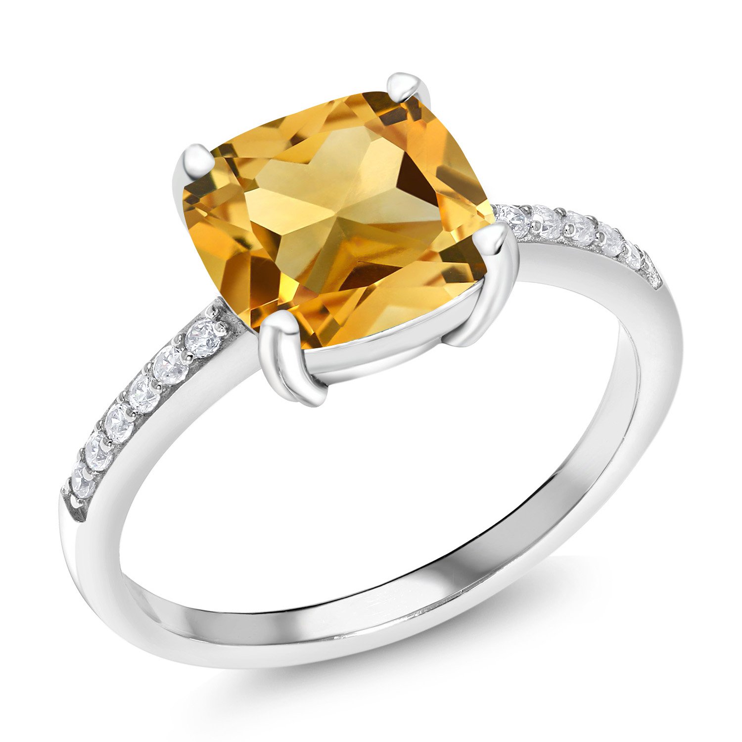 Gem Stone King 925 Sterling Silver Yellow Citrine Engagement Ring For Women (3.12 Cttw, Gemstone Birthstone, Cushion 8MM, Available in size 5, 6, 7, 8, 9)