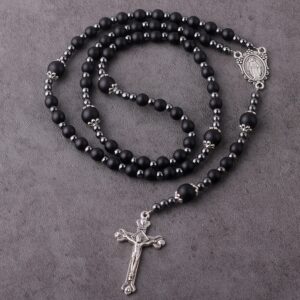 HanlinCC 6mm Black Glass Beads with 4mm Hematite Black Stone Beads Rosary Necklace with Miraculous Center piece and Crucifix pack in Velvet Gift Bag for Men and Women