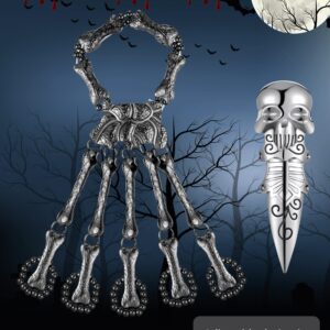 MTLEE 10 Pieces Skull Skeleton Hand Bracelets with Ring Punk Wristband Skull Fingers Hand Skeleton Finger Armor Ring for Women Joint Bracelet Knuckle Full Ring for Halloween Decoration (Black)