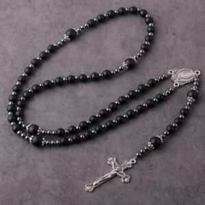 HanlinCC 6mm Black Glass Beads with 4mm Hematite Black Stone Beads Rosary Necklace with Miraculous Center piece and Crucifix pack in Velvet Gift Bag for Men and Women