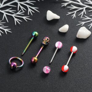 Leiainely Tongue Rings Piercing Jewelry for Women Men Work 14g 14 Gauge Cute Green Rainbow Surgical Stainless Steel Metal Clear Plastic Acrylic Silicone Para La Lengua Aretes Tounge Barbell Balls Set