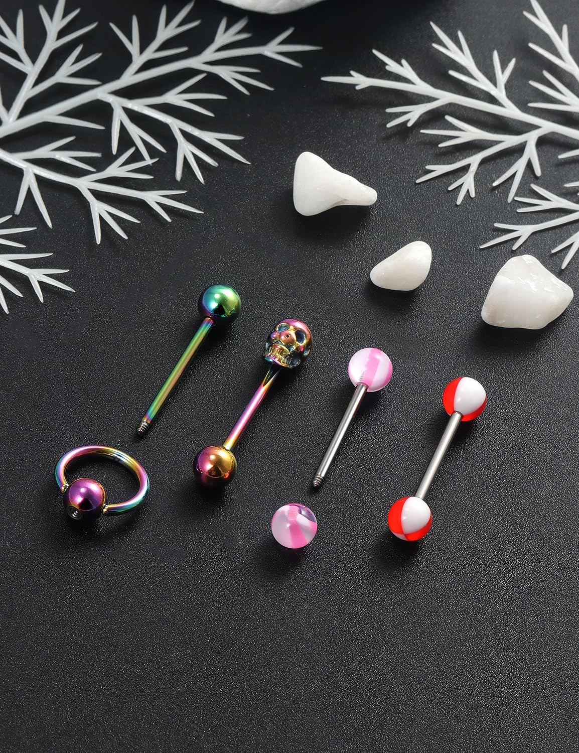 Leiainely Tongue Rings Piercing Jewelry for Women Men Work 14g 14 Gauge Cute Green Rainbow Surgical Stainless Steel Metal Clear Plastic Acrylic Silicone Para La Lengua Aretes Tounge Barbell Balls Set