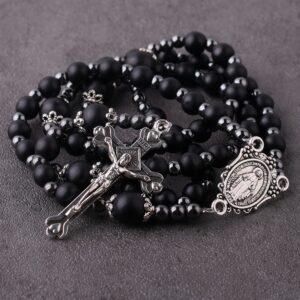 HanlinCC 6mm Black Glass Beads with 4mm Hematite Black Stone Beads Rosary Necklace with Miraculous Center piece and Crucifix pack in Velvet Gift Bag for Men and Women