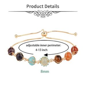 ASGIFT 7 Chakra Bracelet Adjustable 14K Gold Wire Wrapped 8mm Gemstone Beads Yoga Medititaion Bracelet Natural Crystal Stones Stretch Cuff Bracelets Jewelry for Women Girlfriend