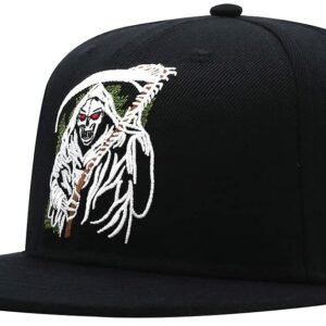 ADJUEMB Classic Snapback Hats Grim Reaper Embroidery Adjustable Flat Bill Hat Unisex Baseball Caps Black