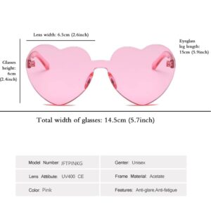 JFTOWN 6 Pairs Pink Heart Shape Rimless Valentines Sunglasses Candy Color Frameless One Piece Love Glasses Tinted Eyewear for Women Party Favor (Pink)