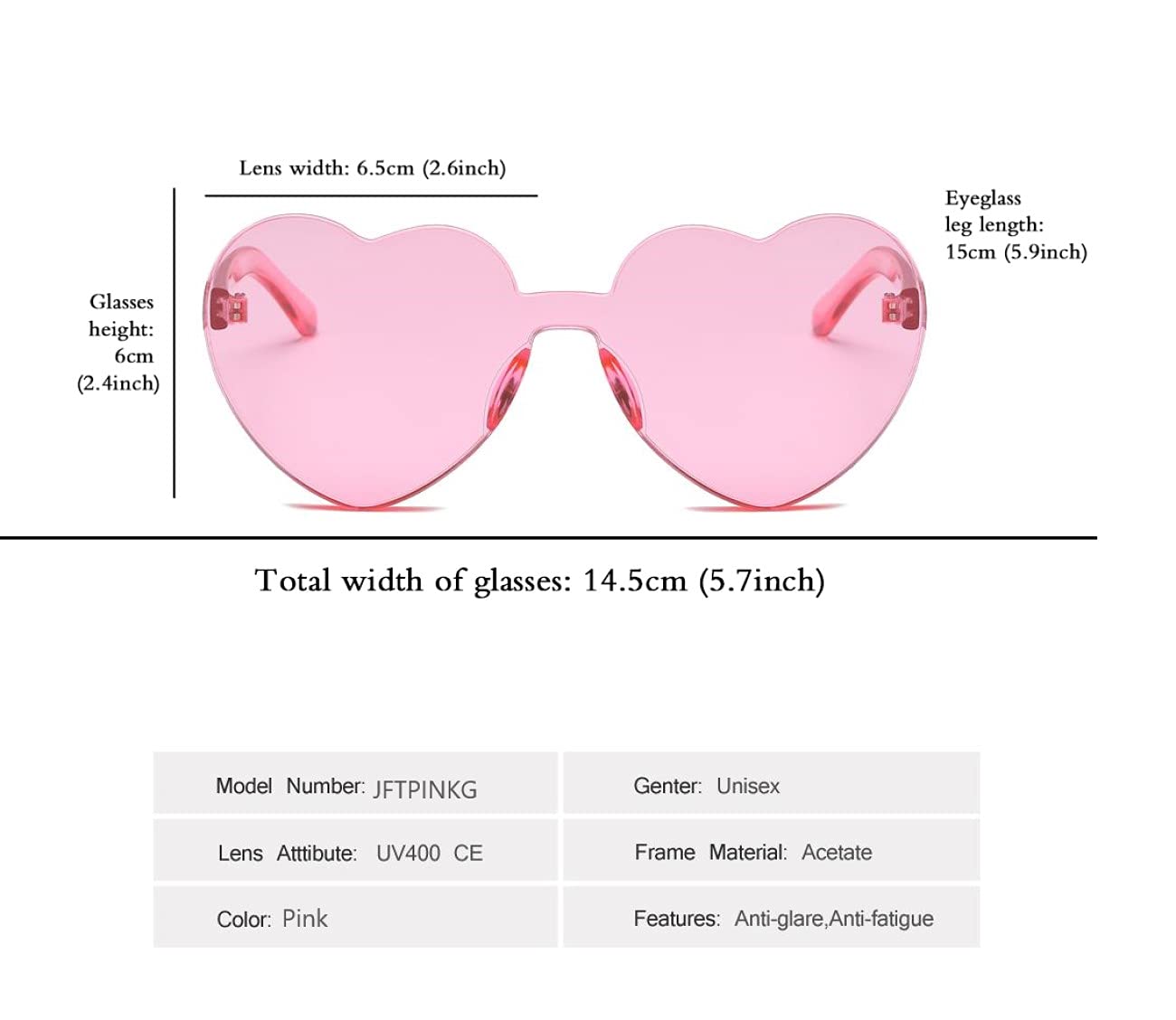 JFTOWN 6 Pairs Pink Heart Shape Rimless Valentines Sunglasses Candy Color Frameless One Piece Love Glasses Tinted Eyewear for Women Party Favor (Pink)