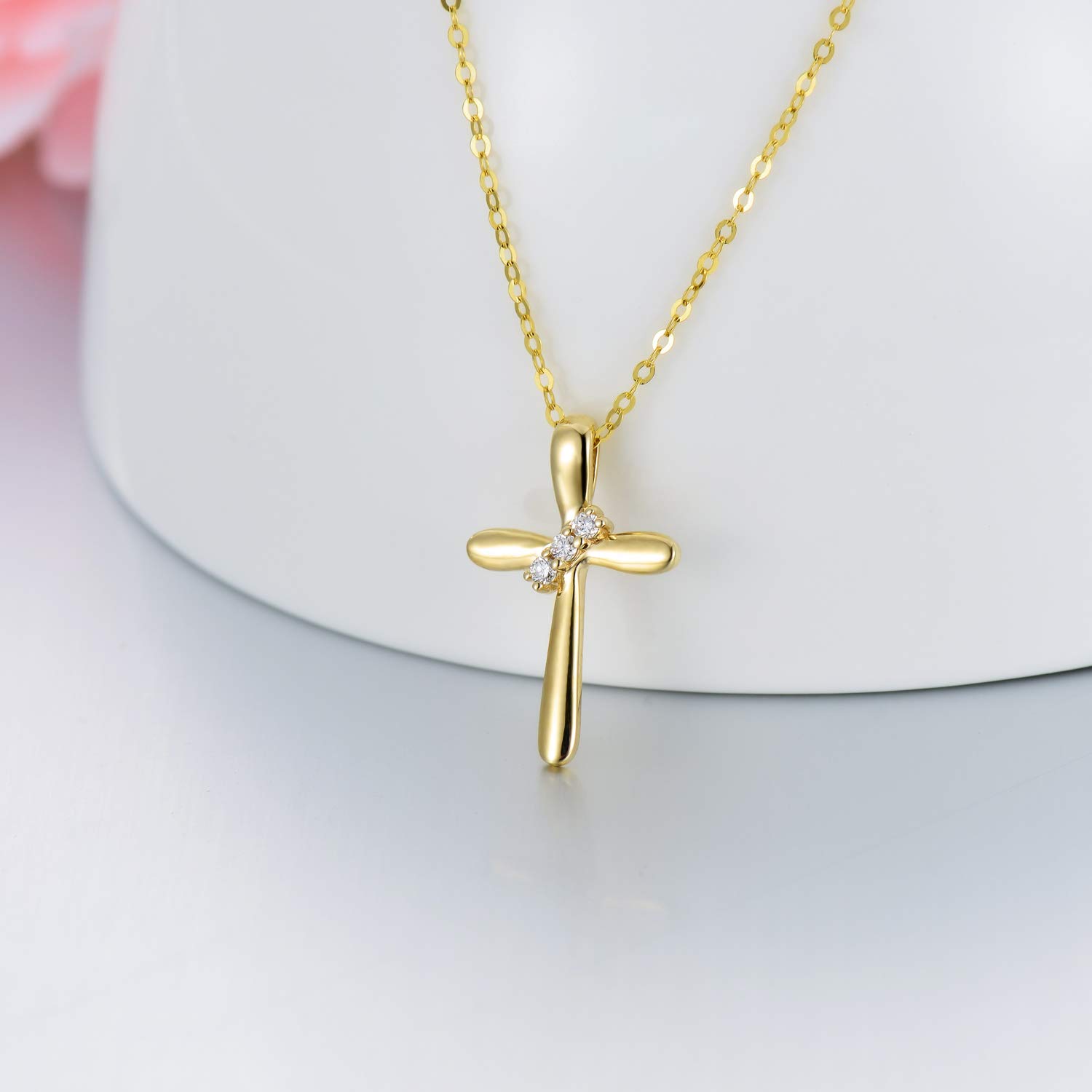 SISGEM 14K Gold Natural Diamond Cross Necklace, Real Yellow Gold Blessing Cross Pendant Jewelry Anniversary Present for Women, 18 Inch Gold Adjustable Chain