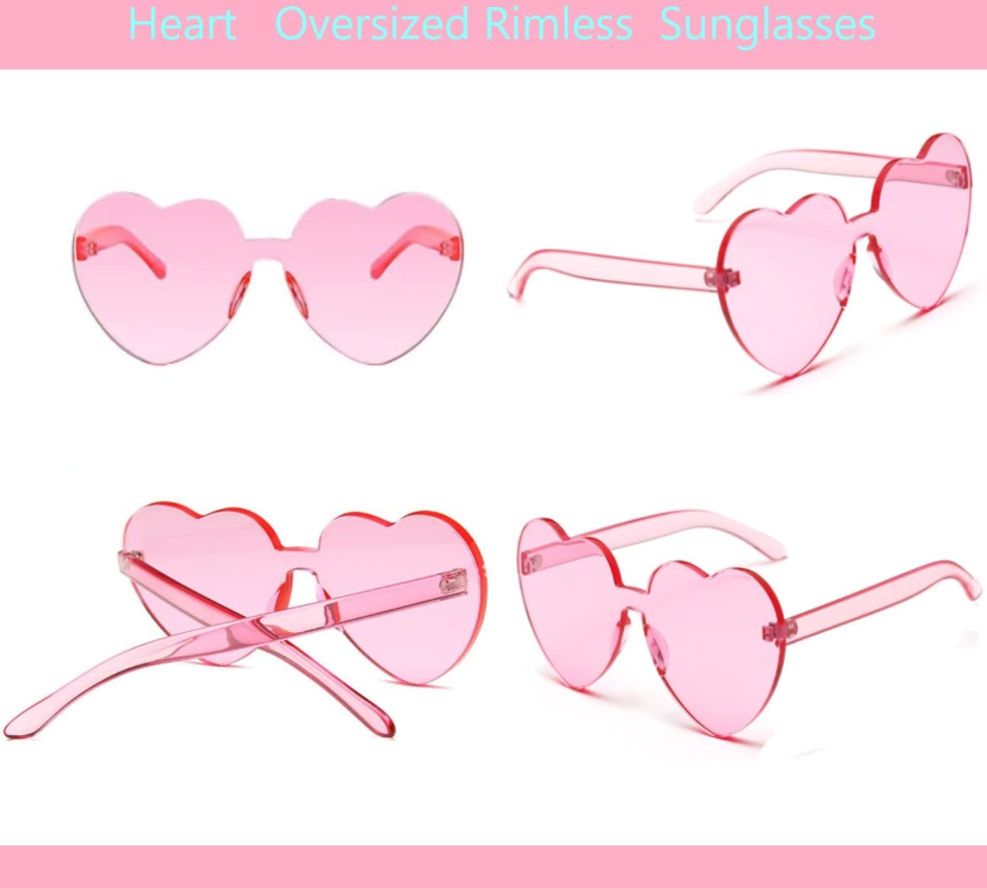 JFTOWN 6 Pairs Pink Heart Shape Rimless Valentines Sunglasses Candy Color Frameless One Piece Love Glasses Tinted Eyewear for Women Party Favor (Pink)