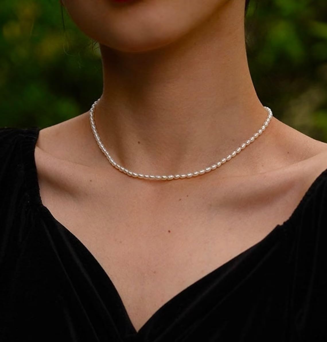 Pearl Necklace for Women, Handmade with Tiny White Freshwater Pearls and Silver Clasps and Adjustable Chain Pearl Choker 14", Cute Trendy Summer Jewelry for Girls