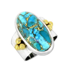 YoTreasure Blue Copper Turquoise Bold Ring .925 Sterling Silver with Brass Accents