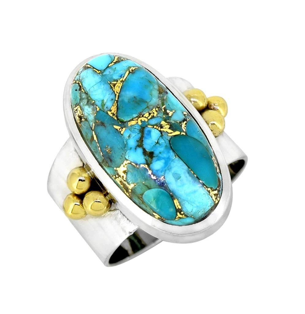 YoTreasure Blue Copper Turquoise Bold Ring .925 Sterling Silver with Brass Accents