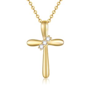 sisgem 14k gold natural diamond cross necklace, real yellow gold blessing cross pendant jewelry anniversary present for women, 18 inch gold adjustable chain