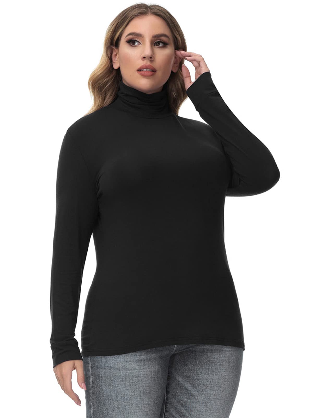 Hanna Nikole Plus Size Black Turtleneck for Women Fitted Ultra-Soft Pullover Slim Stretchy Mock Neck Shirt Tops 22W