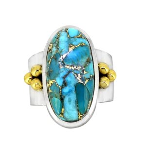 YoTreasure Blue Copper Turquoise Bold Ring .925 Sterling Silver with Brass Accents