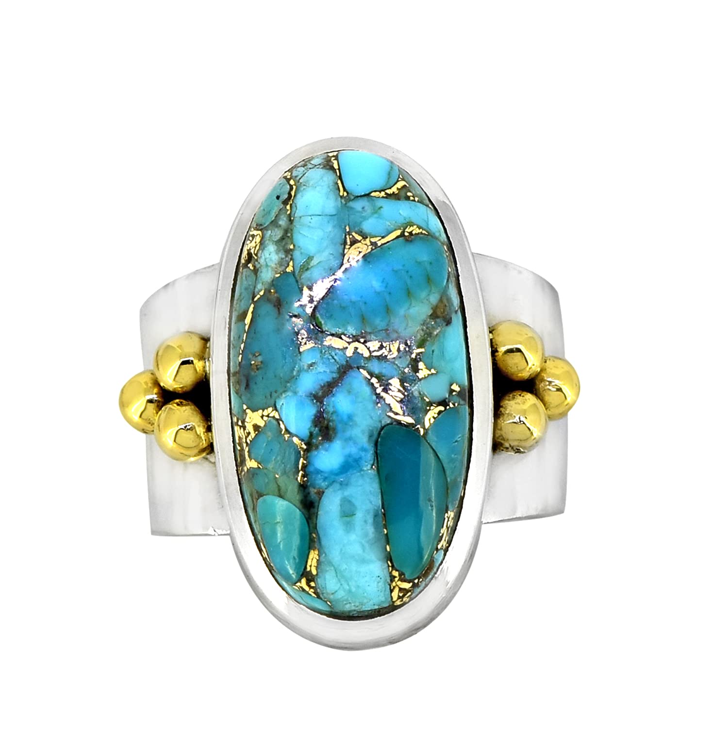 YoTreasure Blue Copper Turquoise Bold Ring .925 Sterling Silver with Brass Accents