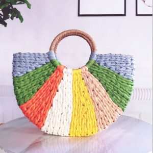 QZUnique Straw Handbags Rainbow Stitching Top Handle Tote Women's Summer Beach Natural Casual Satchel Shoulder Bag