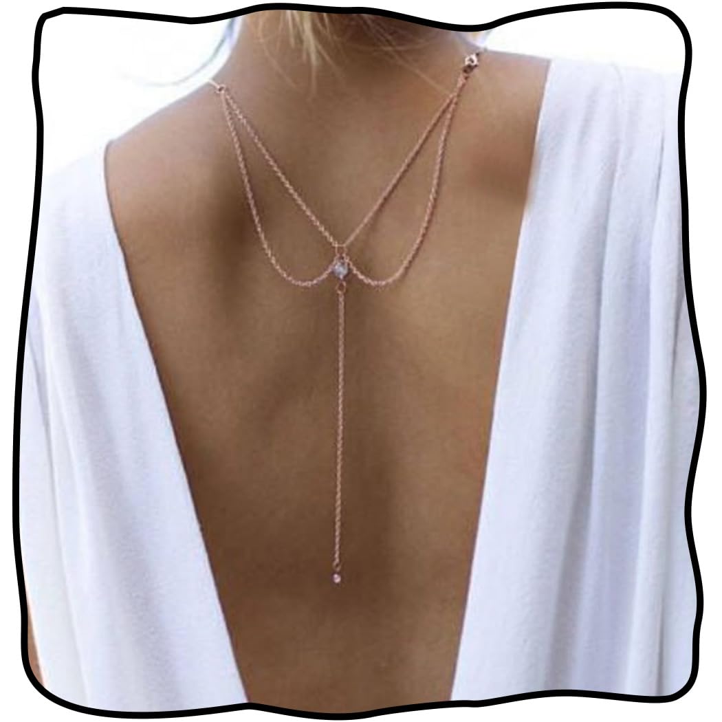 Jeweky Layered Gold Backdrop Chain Wedding Body Necklace Tassel Back Body Chain Accessory for Women