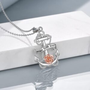 YAFEINI Anchor Necklace Rose Flower Pendant Necklace 925 Sterling Silver Chain Vintage Jewelry Gifts For Women Wife Couple (Rose)