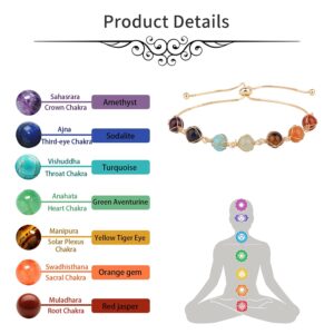 ASGIFT 7 Chakra Bracelet Adjustable 14K Gold Wire Wrapped 8mm Gemstone Beads Yoga Medititaion Bracelet Natural Crystal Stones Stretch Cuff Bracelets Jewelry for Women Girlfriend