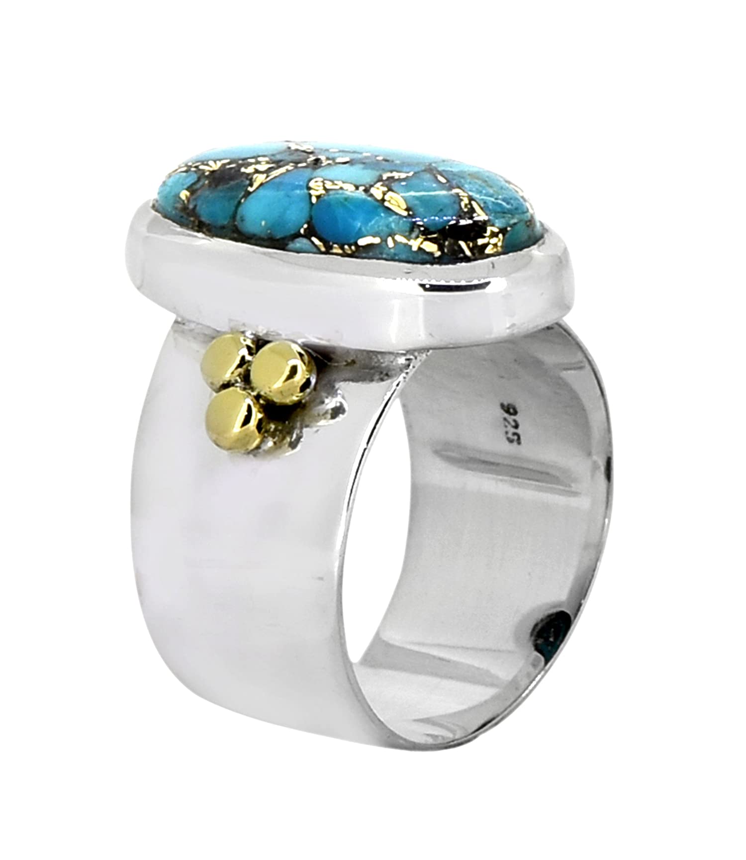 YoTreasure Blue Copper Turquoise Bold Ring .925 Sterling Silver with Brass Accents