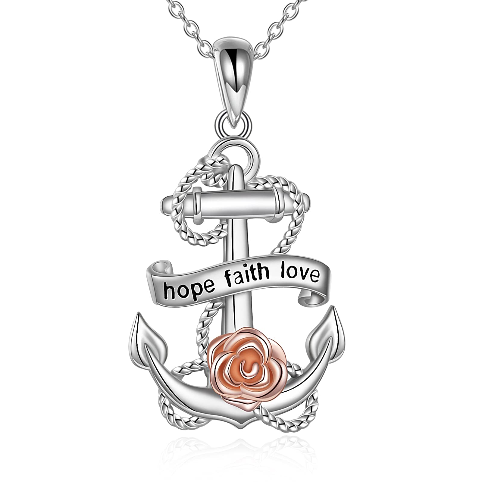 YAFEINI Anchor Necklace Rose Flower Pendant Necklace 925 Sterling Silver Chain Vintage Jewelry Gifts For Women Wife Couple (Rose)