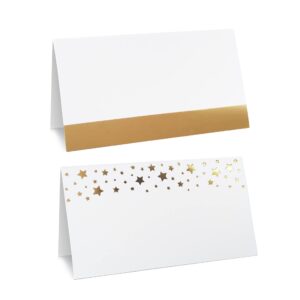 clever signs gold place cards for wedding or party, 100 pack, 2" x 3.5, double design, gold foil stars and line, scored for easy folding, place cards for table setting, seating place cards for tables